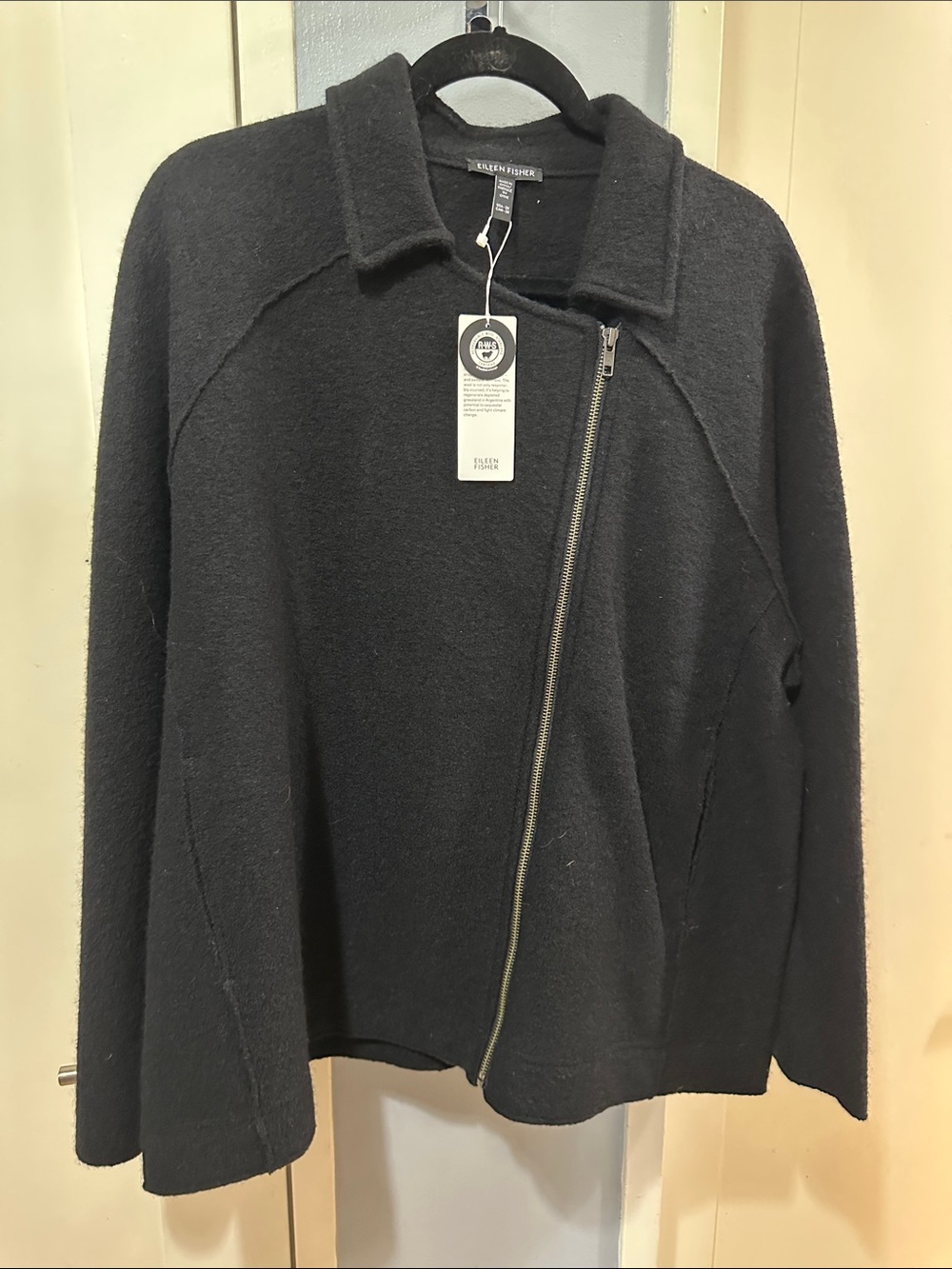 NWT Eileen Fisher Black Asymmetrical Boiled Zip Wool Jacket